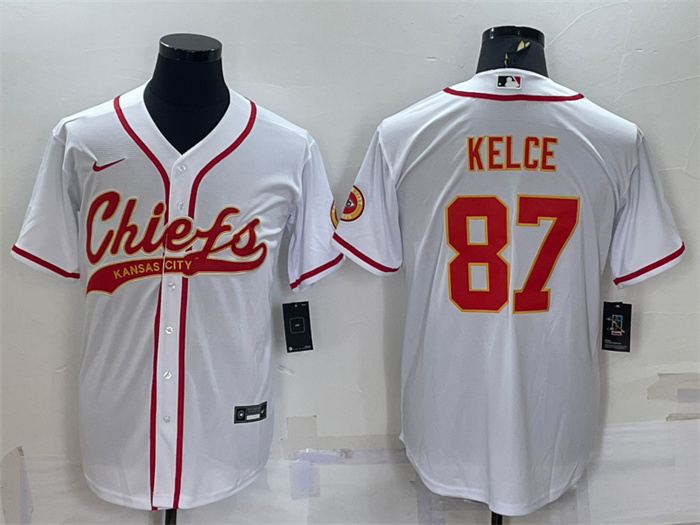 Men's Kansas City Chiefs #87 Travis Kelce White With Patch Cool Base Stitched Baseball Jersey Men's Kansas City Chiefs #87 Travis Kelce White With Patch Cool Base Stitched Baseball Jersey