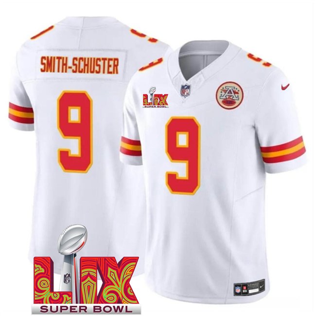 Men's Kansas City Chiefs #9 JuJu Smith-Schuster White 2025 Super Bowl LIX Patch F.U.S.E. Vapor Limited Stitched Football Jersey Men's Kansas City Chiefs #9 JuJu Smith-Schuster White 2025 Super Bowl LIX Patch F.U.S.E. Vapor Limited Stitched Football Jersey