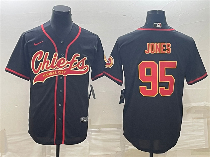 Men's Kansas City Chiefs #95 Chris Jones Black With Patch Cool Base Stitched Baseball Jersey Men's Kansas City Chiefs #95 Chris Jones Black With Patch Cool Base Stitched Baseball Jersey