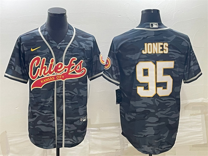 Men's Kansas City Chiefs #95 Chris Jones Grey Camo With Patch Cool Base Stitched Baseball Jersey Men's Kansas City Chiefs #95 Chris Jones Grey Camo With Patch Cool Base Stitched Baseball Jersey