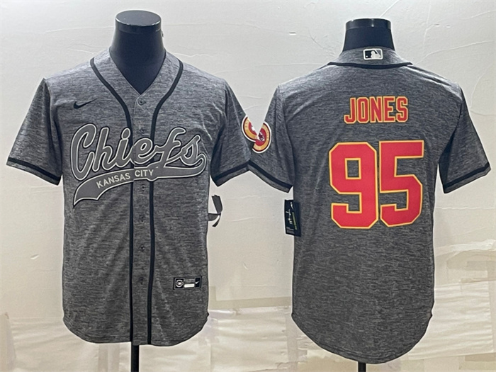 Men's Kansas City Chiefs #95 Chris Jones Grey With Patch Cool Base Stitched Baseball Jersey Men's Kansas City Chiefs #95 Chris Jones Grey With Patch Cool Base Stitched Baseball Jersey
