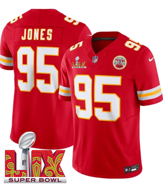 Men's Kansas City Chiefs #95 Chris Jones Red 2025 Super Bowl LIX Patch F.U.S.E. Vapor Limited Stitched Football Jersey Men's Kansas City Chiefs #95 Chris Jones Red 2025 Super Bowl LIX Patch F.U.S.E. Vapor Limited Stitched Football Jersey