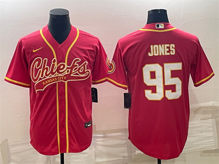 Men's Kansas City Chiefs #95 Chris Jones Red With Patch Cool Base Stitched Baseball Jersey Men's Kansas City Chiefs #95 Chris Jones Red With Patch Cool Base Stitched Baseball Jersey