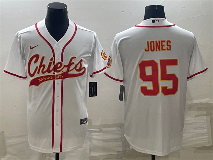 Men's Kansas City Chiefs #95 Chris Jones White With Patch Cool Base Stitched Baseball Jersey Men's Kansas City Chiefs #95 Chris Jones White With Patch Cool Base Stitched Baseball Jersey