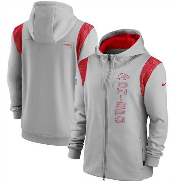 Men's Kansas City Chiefs 2021 Gray Sideline Team Performance Full-Zip Hoodie Men's Kansas City Chiefs 2021 Gray Sideline Team Performance Full-Zip Hoodie