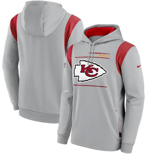 Men's Kansas City Chiefs 2021 Grey Sideline Logo Performance Pullover Hoodie Men's Kansas City Chiefs 2021 Grey Sideline Logo Performance Pullover Hoodie