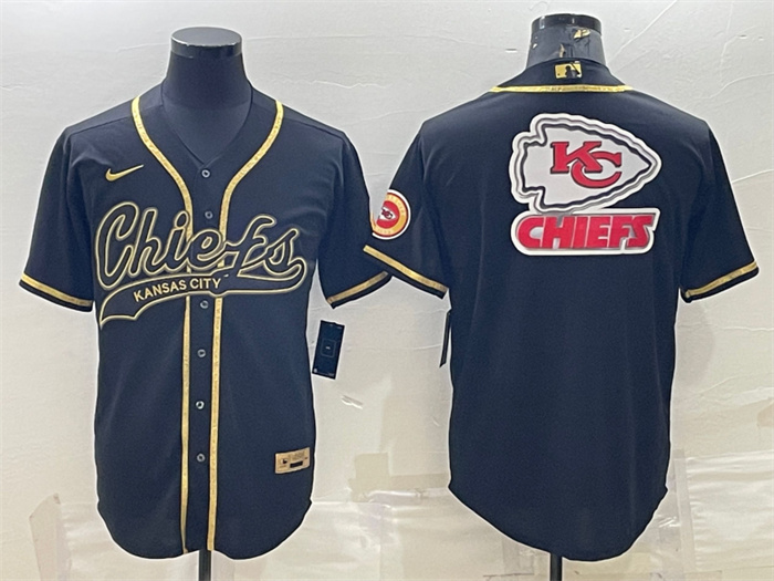 Men's Kansas City Chiefs Black Gold Team Big Logo With Patch Cool Base Stitched Baseball Jersey Men's Kansas City Chiefs Black Gold Team Big Logo With Patch Cool Base Stitched Baseball Jersey