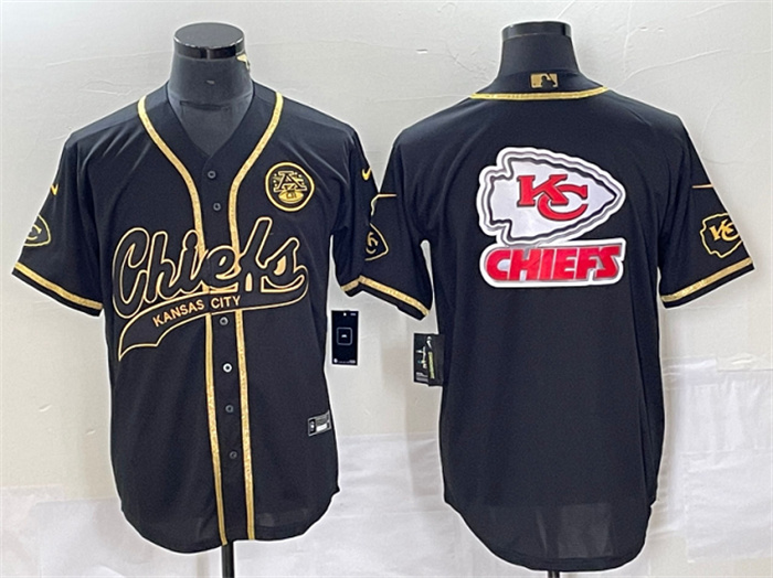 Men's Kansas City Chiefs Black Gold Team Big Logo With Patch Cool Base Stitched Baseball Jersey Men's Kansas City Chiefs Black Gold Team Big Logo With Patch Cool Base Stitched Baseball Jersey
