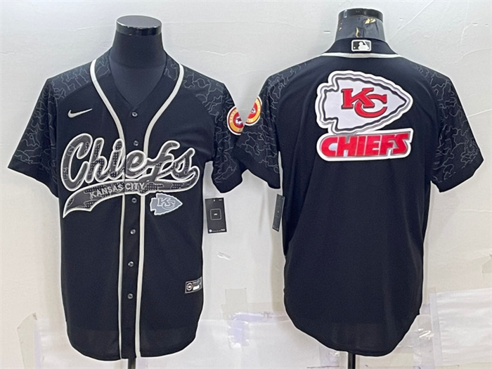 Men's Kansas City Chiefs Black Reflective Team Big Logo With Patch Cool Base Stitched Baseball Jersey Men's Kansas City Chiefs Black Reflective Team Big Logo With Patch Cool Base Stitched Baseball Jersey