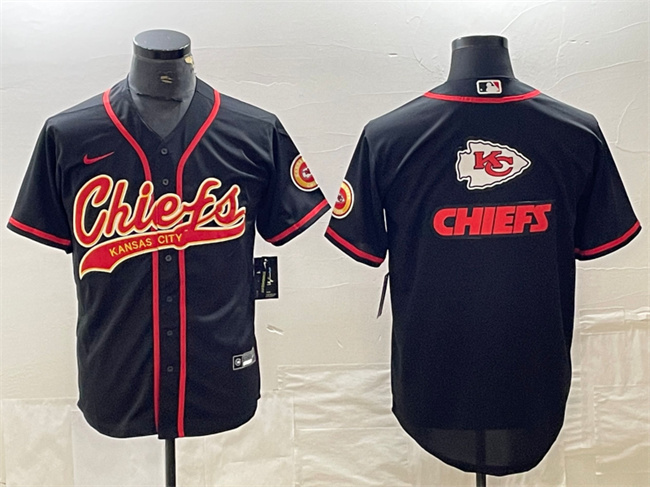 Men's Kansas City Chiefs Black Team Big Logo With Patch Cool Base Stitched Baseball Jersey Men's Kansas City Chiefs Black Team Big Logo With Patch Cool Base Stitched Baseball Jersey