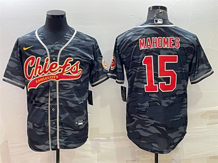 Men's Kansas City Chiefs Blank #15 Patrick Mahomes Grey Navy Camo With Patch Cool Base Stitched Baseball Jersey Men's Kansas City Chiefs Blank #15 Patrick Mahomes Grey Navy Camo With Patch Cool Base Stitched Baseball Jersey