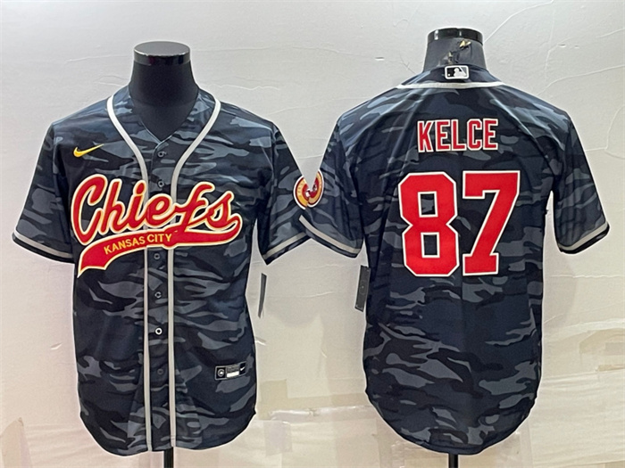 Men's Kansas City Chiefs Blank #87 Travis Kelce Grey Navy Camo With Patch Cool Base Stitched Baseball Jersey Men's Kansas City Chiefs Blank #87 Travis Kelce Grey Navy Camo With Patch Cool Base Stitched Baseball Jersey