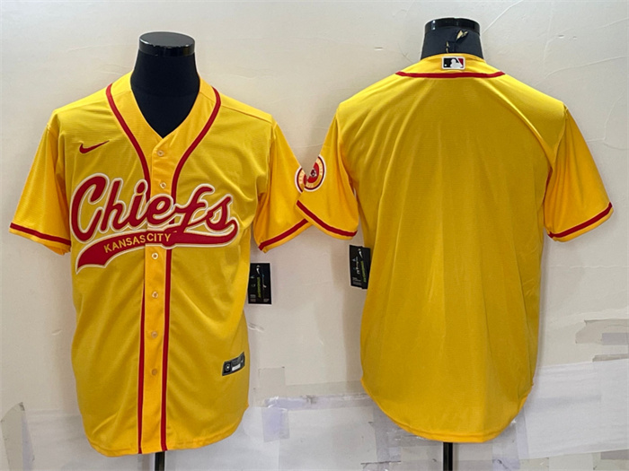 Men's Kansas City Chiefs Blank Gold With Patch Cool Base Stitched Baseball Jersey Men's Kansas City Chiefs Blank Gold With Patch Cool Base Stitched Baseball Jersey