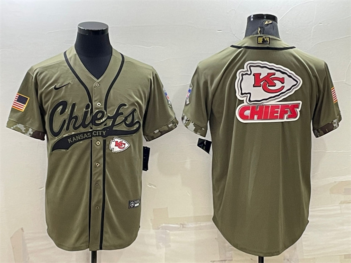Men's Kansas City Chiefs Olive Salute To Service Team Big Logo Cool Base Stitched Baseball Jersey Men's Kansas City Chiefs Olive Salute To Service Team Big Logo Cool Base Stitched Baseball Jersey
