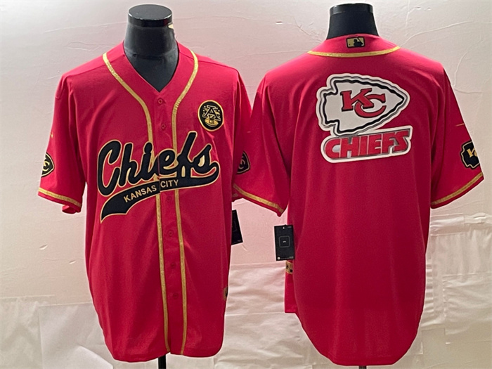 Men's Kansas City Chiefs Red Gold Team Big Logo With Patch Cool Base Stitched Baseball Jersey Men's Kansas City Chiefs Red Gold Team Big Logo With Patch Cool Base Stitched Baseball Jersey