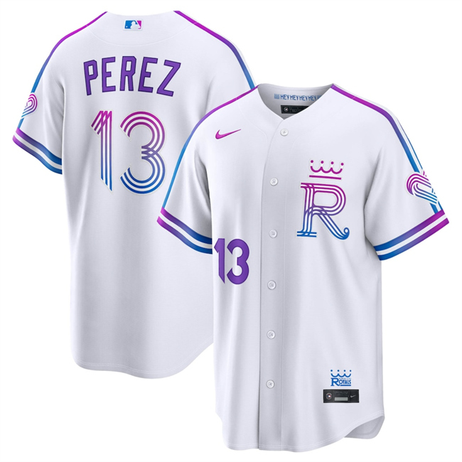 Men's Kansas City Royals #13 Salvador Perez White 2026 City Connect Stadium Stitched Baseball Jersey Men's Kansas City Royals #13 Salvador Perez White 2026 City Connect Stadium Stitched Baseball Jersey