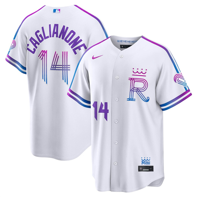 Men's Kansas City Royals #14 Jac Caglianone White 2026 City Connect Stadium Stitched Baseball Jersey Men's Kansas City Royals #14 Jac Caglianone White 2026 City Connect Stadium Stitched Baseball Jersey