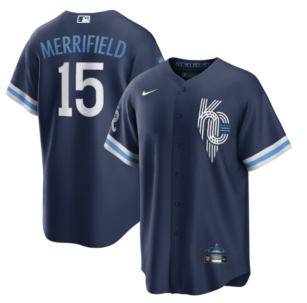 Men's Kansas City Royals #15 Whit Merrifield 2022 Navy City Connect Cool Base Stitched Jersey Men's Kansas City Royals #15 Whit Merrifield 2022 Navy City Connect Cool Base Stitched Jersey