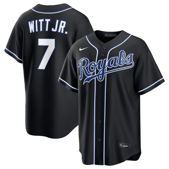 Men's Kansas City Royals #7 Bobby Witt Jr. 2026 Fashion Replica Black Out Stitched Baseball Jersey Men's Kansas City Royals #7 Bobby Witt Jr. 2026 Fashion Replica Black Out Stitched Baseball Jersey