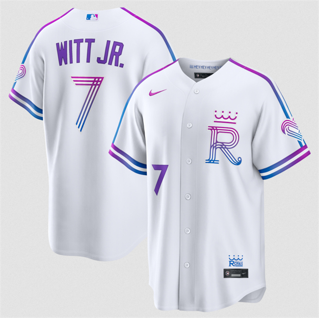 Men's Kansas City Royals #7 Bobby Witt Jr. White 2026 City Connect Stadium Stitched Baseball Jersey Men's Kansas City Royals #7 Bobby Witt Jr. White 2026 City Connect Stadium Stitched Baseball Jersey