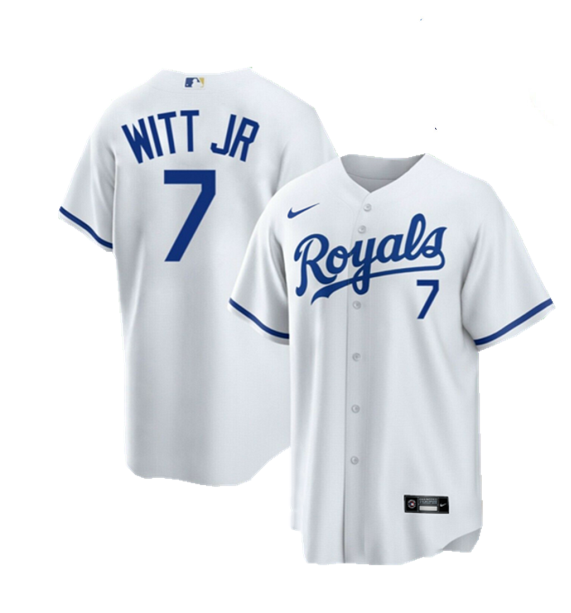Men's Kansas City Royals #7 Bobby Witt Jr. White Cool Base Stitched Jersey Men's Kansas City Royals #7 Bobby Witt Jr. White Cool Base Stitched Jersey