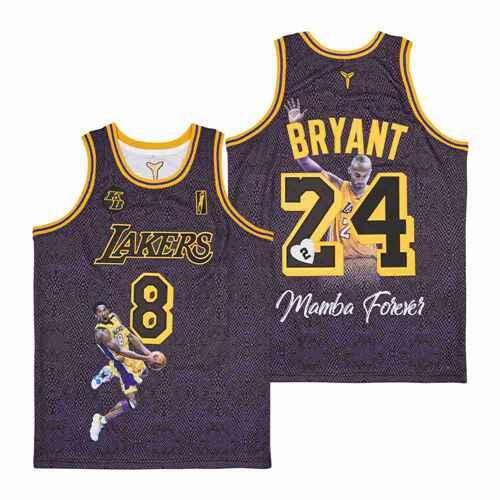 Men's Lakers Front #8 Back #24 Kobe Bryant Black With KB Patch Fashion Jersey 