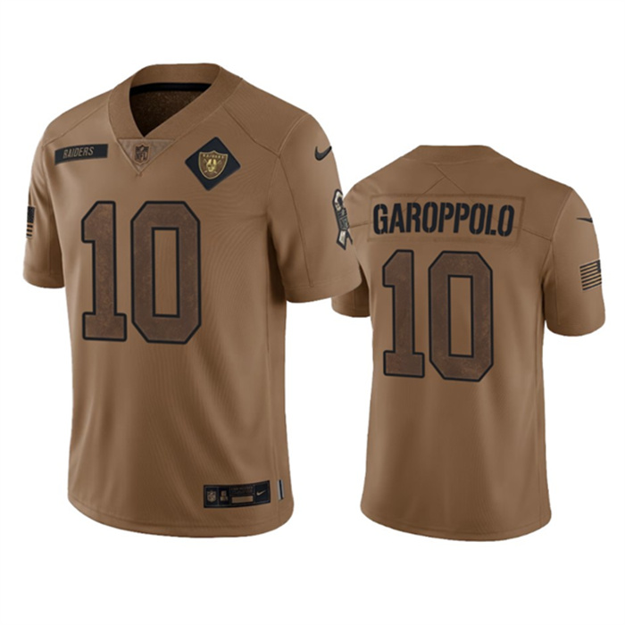 Men's Las Vegas Raiders #10 Jimmy Garoppolo 2023 Brown Salute To Service Limited Stitched Football Jersey Men's Las Vegas Raiders #10 Jimmy Garoppolo 2023 Brown Salute To Service Limited Stitched Football Jersey
