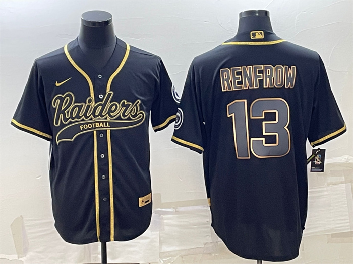Men's Las Vegas Raiders #13 Hunter Renfrow Black Gold With Patch Cool Base Stitched Baseball Jersey Men's Las Vegas Raiders #13 Hunter Renfrow Black Gold With Patch Cool Base Stitched Baseball Jersey
