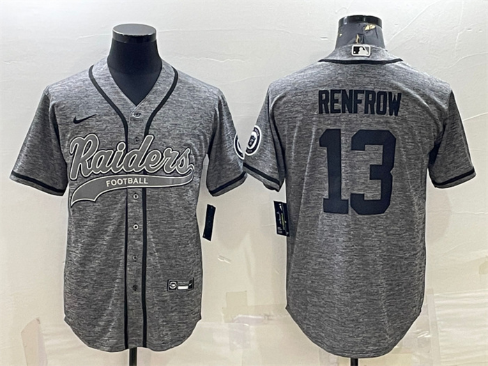 Men's Las Vegas Raiders #13 Hunter Renfrow Grey With Patch Cool Base Stitched Baseball Jersey Men's Las Vegas Raiders #13 Hunter Renfrow Grey With Patch Cool Base Stitched Baseball Jersey