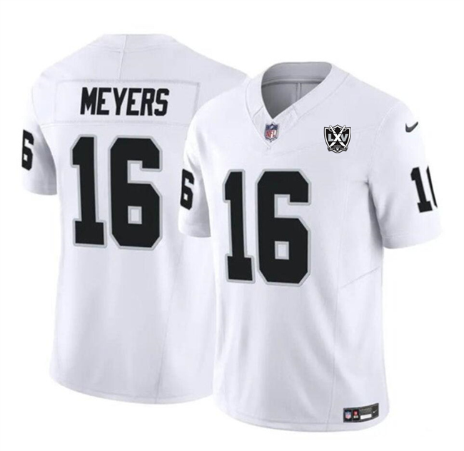 Men's Las Vegas Raiders #16 Jakobi Meyers White 2024 F.U.S.E 65th Anniversary Patch Vapor Stitched Football Jersey Men's Las Vegas Raiders #16 Jakobi Meyers White 2024 F.U.S.E 65th Anniversary Patch Vapor Stitched Football Jersey
