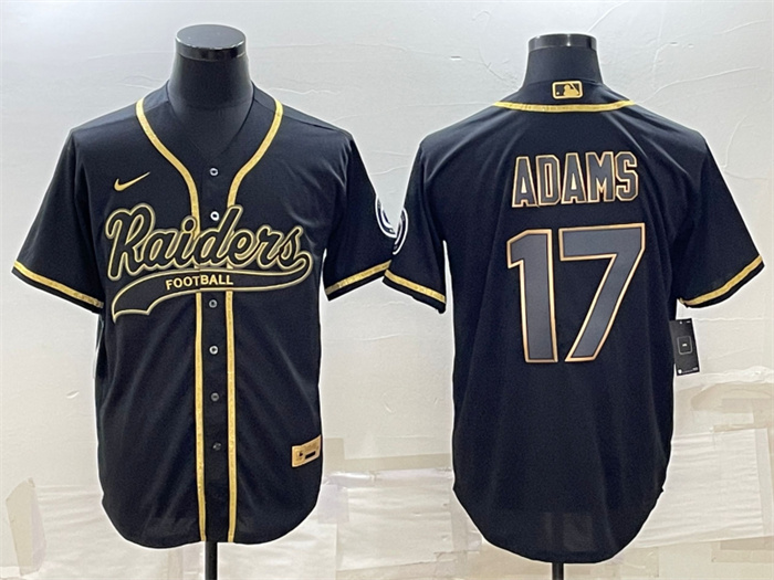 Men's Las Vegas Raiders #17 Davante Adams Black Gold With Patch Cool Base Stitched Baseball Jersey Men's Las Vegas Raiders #17 Davante Adams Black Gold With Patch Cool Base Stitched Baseball Jersey