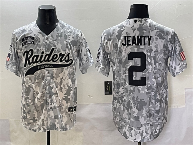Men's Las Vegas Raiders #2 Ashton Jeanty 2024 Arctic Camo Salute To Service Stitched Baseball Jersey Men's Las Vegas Raiders #2 Ashton Jeanty 2024 Arctic Camo Salute To Service Stitched Baseball Jersey