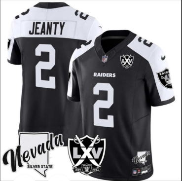 Men's Las Vegas Raiders #2 Ashton Jeanty Black 2024 F.U.S.E With Nevada Silver Stat Patch And 65th Anniversary Patch Stitched Football Jersey Men's Las Vegas Raiders #2 Ashton Jeanty Black 2024 F.U.S.E With Nevada Silver Stat Patch And 65th Anniversary Patch Stitched Football Jersey