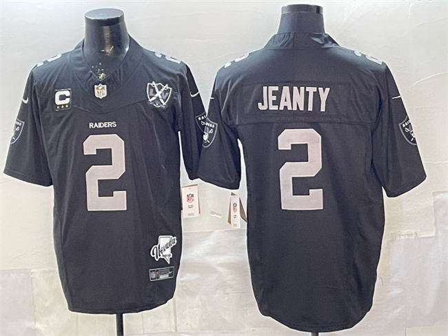 Men's Las Vegas Raiders #2 Ashton Jeanty Black 2025 Draft F.U.S.E. With 4-Star C Patch Nevada Silver Stat Patch And 65th Anniversary Patch Stitched Football Jersey Men's Las Vegas Raiders #2 Ashton Jeanty Black 2025 Draft F.U.S.E. With 4-Star C Patch Nevada Silver Stat Patch And 65th Anniversary Patch Stitched Football Jersey
