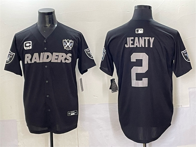 Men's Las Vegas Raiders #2 Ashton Jeanty Black With Nevada Silver Stat Patch And 65th Anniversary Patch 3-Star C Patch Stitched Baseball Jersey Men's Las Vegas Raiders #2 Ashton Jeanty Black With Nevada Silver Stat Patch And 65th Anniversary Patch 3-Star C Patch Stitched Baseball Jersey