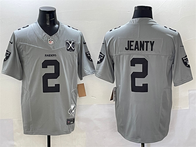 Men's Las Vegas Raiders #2 Ashton Jeanty Gray 2025 Draft F.U.S.E. With Nevada Silver Stat Patch And 65th Anniversary Patch Stitched Football Jersey Men's Las Vegas Raiders #2 Ashton Jeanty Gray 2025 Draft F.U.S.E. With Nevada Silver Stat Patch And 65th Anniversary Patch Stitched Football Jersey