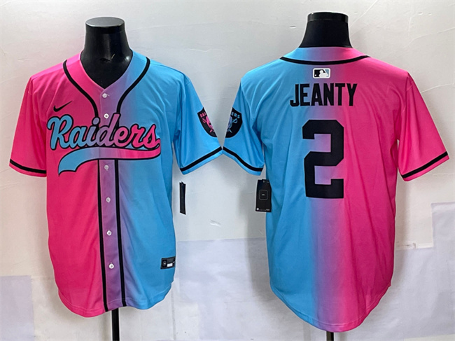 Men's Las Vegas Raiders #2 Ashton Jeanty Pink Blue Limited Stitched Baseball Jersey Men's Las Vegas Raiders #2 Ashton Jeanty Pink Blue Limited Stitched Baseball Jersey