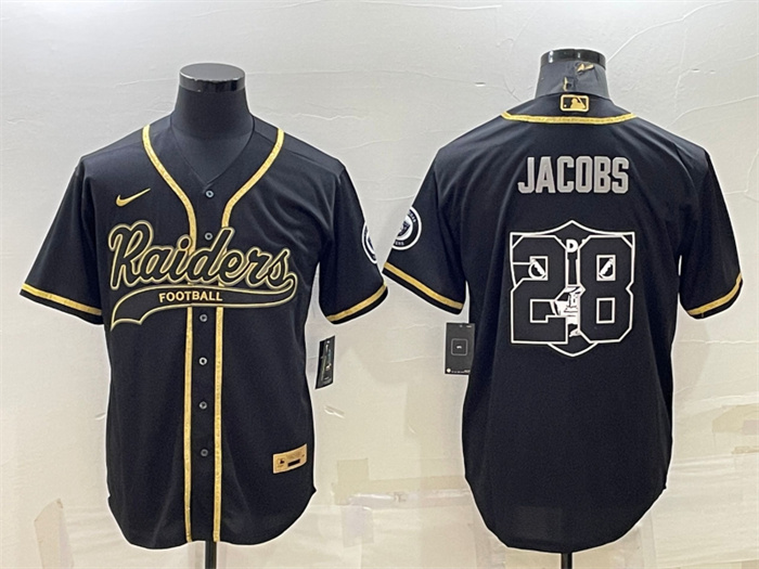 Men's Las Vegas Raiders #28 Josh Jacobs Black Gold Team Big Logo With Patch Cool Base Stitched Baseball Jersey Men's Las Vegas Raiders #28 Josh Jacobs Black Gold Team Big Logo With Patch Cool Base Stitched Baseball Jersey
