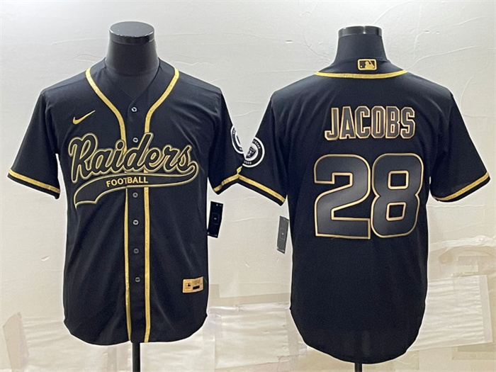Men's Las Vegas Raiders #28 Josh Jacobs Black Gold With Patch Cool Base Stitched Baseball Jersey Men's Las Vegas Raiders #28 Josh Jacobs Black Gold With Patch Cool Base Stitched Baseball Jersey