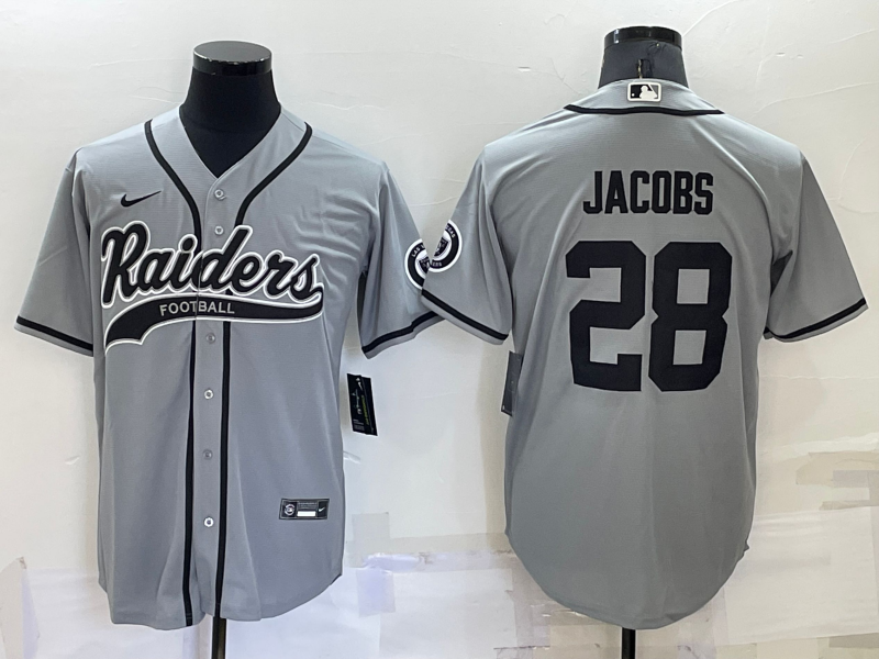 Men's Las Vegas Raiders #28 Josh Jacobs Grey Cool Base Stitched Baseball Jersey Men's Las Vegas Raiders #28 Josh Jacobs Grey Cool Base Stitched Baseball Jersey