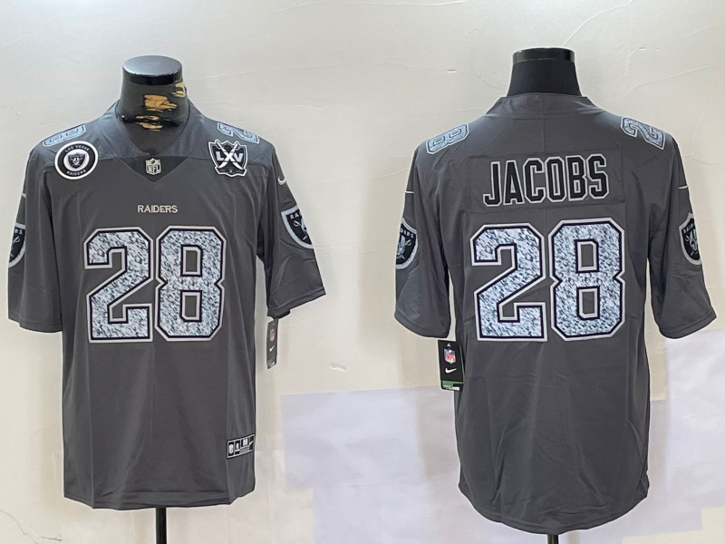 Men's Las Vegas Raiders #28 Josh Jacobs Grey Limited Stitched Jersey 5 Men's Las Vegas Raiders #28 Josh Jacobs Grey Limited Stitched Jersey 5