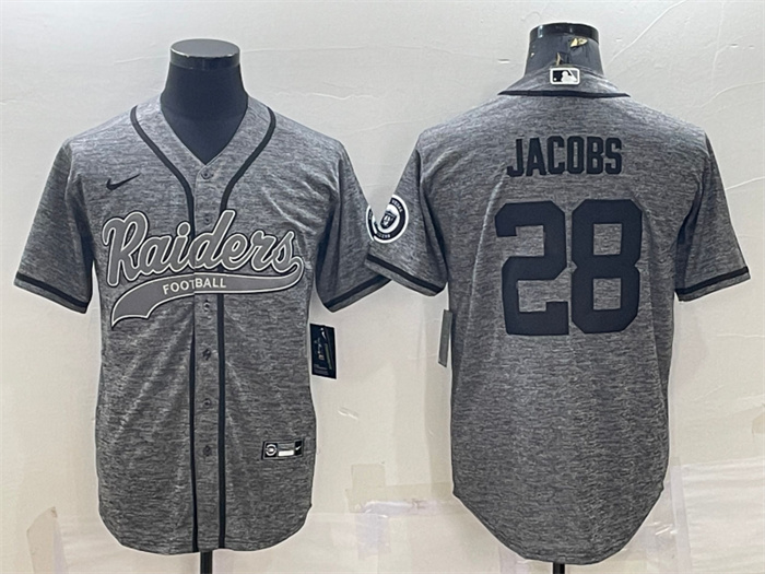 Men's Las Vegas Raiders #28 Josh Jacobs Grey With Patch Cool Base Stitched Baseball Jersey Men's Las Vegas Raiders #28 Josh Jacobs Grey With Patch Cool Base Stitched Baseball Jersey