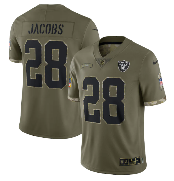 Men's Las Vegas Raiders #28 Josh Jacobs Olive 2022 Salute To Service Limited Stitched Jersey Men's Las Vegas Raiders #28 Josh Jacobs Olive 2022 Salute To Service Limited Stitched Jersey