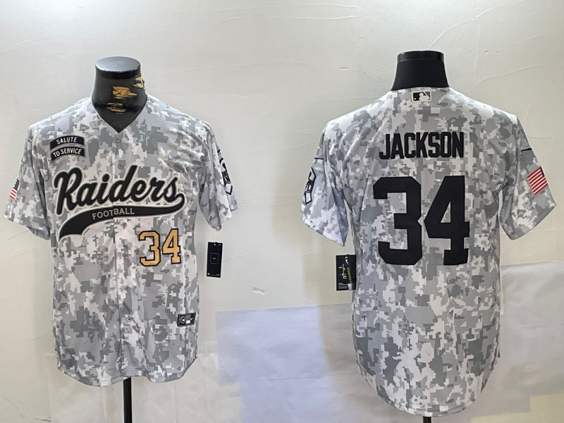 Men's Las Vegas Raiders #34 Bo Jackson 2024 Arctic Camo Salute To Service Stitched Baseball Jersey 1