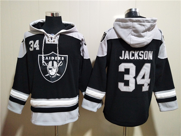 Men's Las Vegas Raiders #34 Bo Jackson Black Ageless Must-Have Lace-Up Pullover Hoodie Men's Las Vegas Raiders #34 Bo Jackson Black Ageless Must-Have Lace-Up Pullover Hoodie