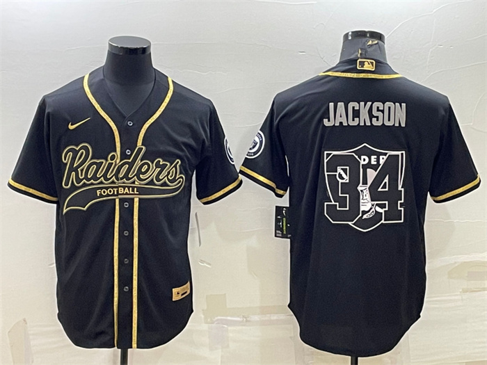 Men's Las Vegas Raiders #34 Bo Jackson Black Gold Team Big Logo With Patch Cool Base Stitched Baseball Jersey Men's Las Vegas Raiders #34 Bo Jackson Black Gold Team Big Logo With Patch Cool Base Stitched Baseball Jersey