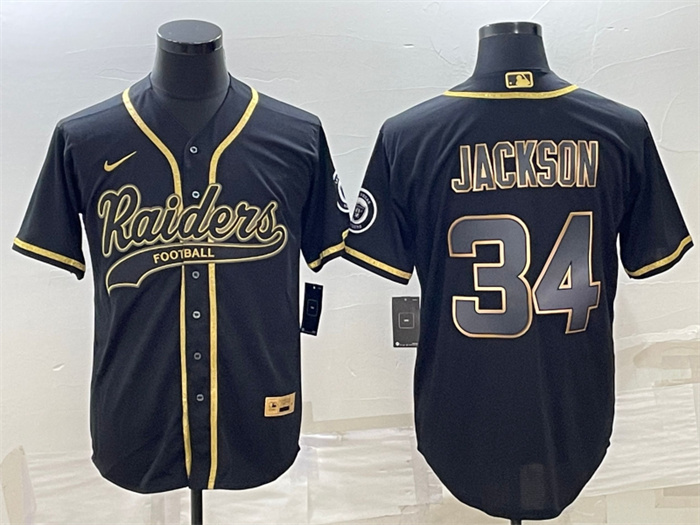 Men's Las Vegas Raiders #34 Bo Jackson Black Gold With Patch Cool Base Stitched Baseball Jersey Men's Las Vegas Raiders #34 Bo Jackson Black Gold With Patch Cool Base Stitched Baseball Jersey