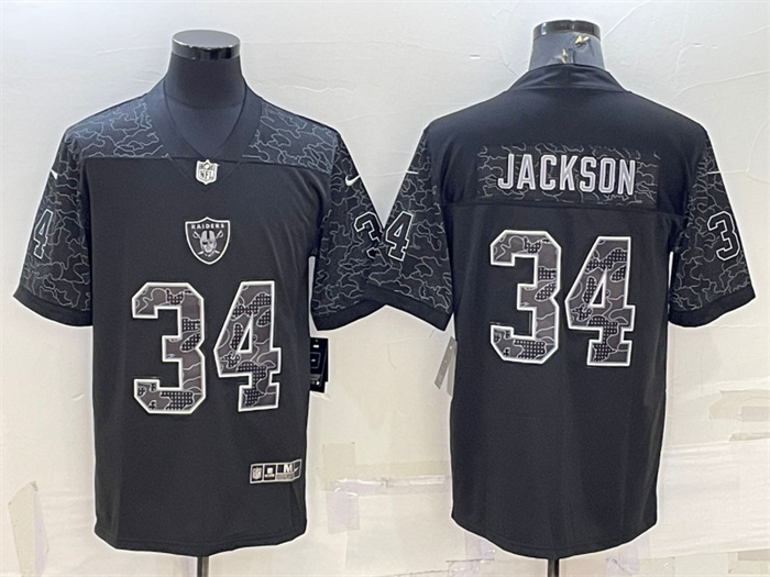 Men's Las Vegas Raiders #34 Bo Jackson Black Reflective Limited Stitched Football Jersey Men's Las Vegas Raiders #34 Bo Jackson Black Reflective Limited Stitched Football Jersey