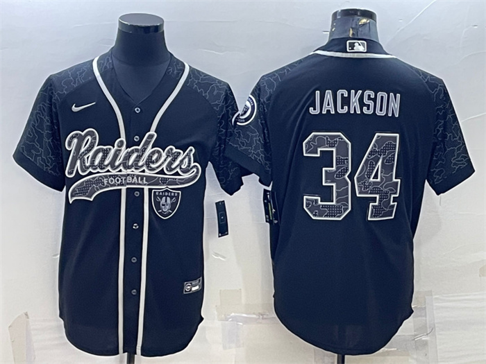Men's Las Vegas Raiders #34 Bo Jackson Black Reflective With Patch Cool Base Stitched Baseball Jersey Men's Las Vegas Raiders #34 Bo Jackson Black Reflective With Patch Cool Base Stitched Baseball Jersey