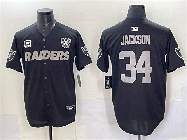 Men's Las Vegas Raiders #34 Bo Jackson Black With Nevada Silver Stat Patch And 65th Anniversary Patch 3-Star C Patch Stitched Baseball Jersey Men's Las Vegas Raiders #34 Bo Jackson Black With Nevada Silver Stat Patch And 65th Anniversary Patch 3-Star C Patch Stitched Baseball Jersey